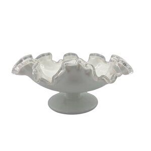 Vtg White Glass with Clear Ribbon Ruffled Footed Compote Candy Dish 4 In Tall